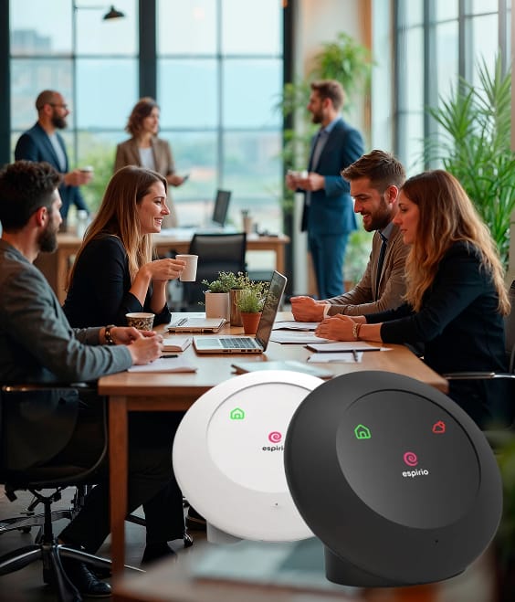 Zespół ludzi przy stole konferencyjnym, na pierwszym planie dwa urządzenia espirio w kolorze białym i czarnym.