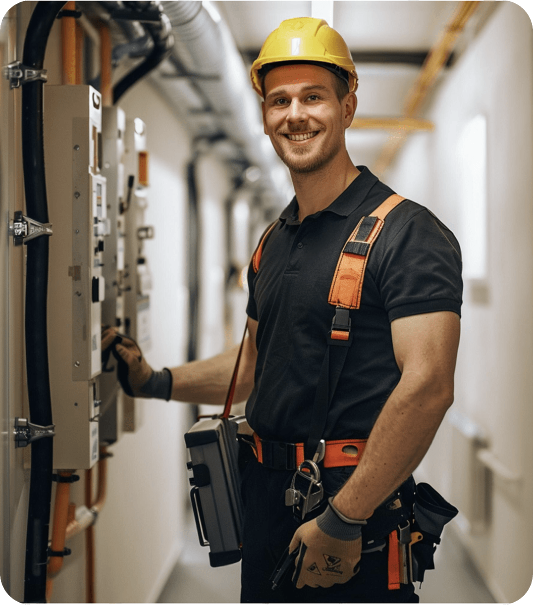 Mężczyzna w kasku ochronnym i uprzęży, uśmiechnięty, pracuje przy szafie elektrycznej w industrialnym korytarzu. Trzyma narzędzia i jest ubrany w roboczy strój, gotowy do pracy przy instalacji elektrycznej.