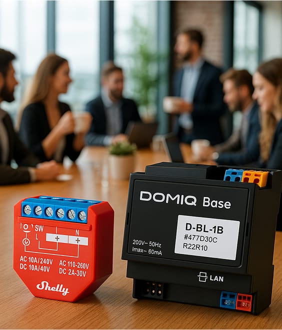 Urządzenia automatyki budynkowej Shelly i DOMIQ Base na stole konferencyjnym, w tle zespół rozmawiających osób w biurze.